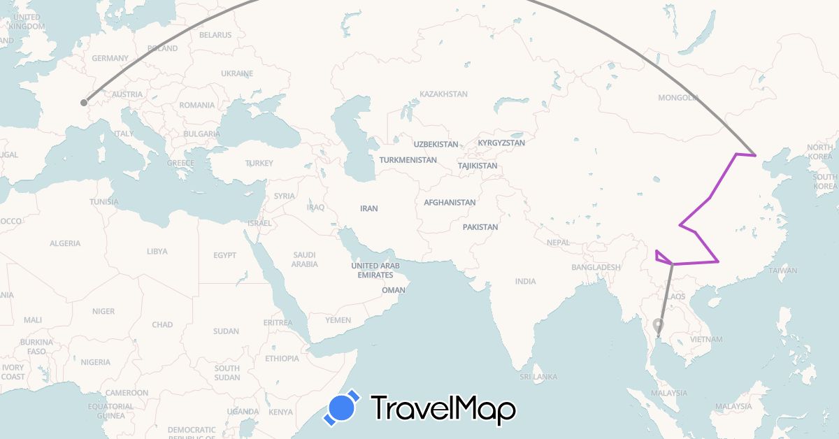 TravelMap itinerary: plane, train in Switzerland, China, Thailand (Asia, Europe)
